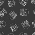 Hand drawn fast food seamless pattern. Drawing of various burgers, hamburgers. Chalk drawn burger Royalty Free Stock Photo