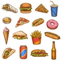 Hand drawn fast food. Sketch hot dog, pizza and donuts, burger and fries, ice cream and cola, cheeseburger and hamburger Royalty Free Stock Photo