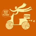 Hand drawn fast motorcyclist with pizza