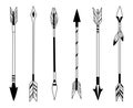 Hand drawn feather arrow, tribal feathers on pointer and decorative boho bow, feather indian arrowhead. Native aztec or