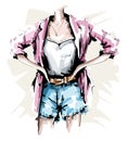 Hand drawn female body. Fashion outfit. Stylish woman look with shorts, shirt, jacket and accessories. Sketch.