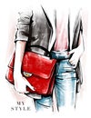 Hand drawn female body parts in fashion clothes. Fashion look sketch. Stylish girl holding red bag.