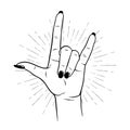 Hand drawn female hand in rock gesture. Flash tattoo, blackwork, sticker, patch or print design vector illustration