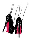 Hand drawn female legs in high heels and seamed stockings. Flash tattoo or print design in noir comics style vector illustration Royalty Free Stock Photo