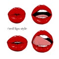 Hand drawn female lips. Close-up plump lips. Red kissing lips. Woman mouth with tongue.