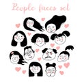 Hand-drawn female and male icons set with pink hearts. Avatars people with different emotions. Face color can be changed. Isolated Royalty Free Stock Photo