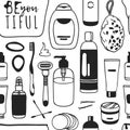 Hand drawn female seamless pattern with cosmetics. Actual drawing background with beauty products
