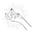 Hand drawn female hand with snapping finger gesture. Flash tattoo, blackwork, sticker, patch or print design vector illustration