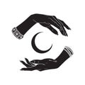 Hand drawn female witch hands holding crescent moon. Flash tattoo, sticker, patch or print design vector illustration