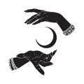 Hand drawn female witch hands holding crescent moon. Flash tattoo, sticker, patch or print design vector illustration