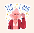 Hand drawn feminist composition with motivation phrase Yes i can vector flat illustration. Modern hipster woman raising