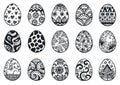 Hand drawn fifteen Easter eggs on white background