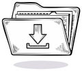Hand drawn file folder with download symbol, black and white illustration Royalty Free Stock Photo