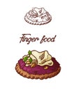 Hand drawn finger food element. Appetizers served in sketch style. Bruchetta in isolated white background. Vector