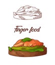 Hand drawn finger food element. Appetizers served in sketch style. Bruchetta in isolated white background. Vector