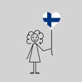 hand drawn finnish girl, love Finland sketch, curly girl with a heart shaped balloon, black line vector illustration