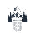 Hand drawn fir trees and mountains textured vector illustrations with lettering. Geometric style