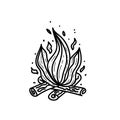 Hand-drawn fire. Fire and logs. Doodle sketch style. Drawing a line of a simple campfire icon. Isolated vector