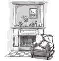 Hand drawn fireplace and an armchair. A cozy place at home.