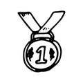 Hand drawn First place medal doodle icon. Hand drawn black sketch. Sign symbol. Decoration element. White background. Isolated. F Royalty Free Stock Photo