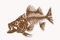 Graphical vintage fish skeleton ,sepia background, vector illustration,paleontology