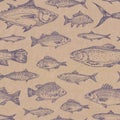 Hand Drawn Fish Vector Seamless Background Pattern. Craft Cardboard Paper Texture. Anchovy, Herrings, Tuna, Dorado Royalty Free Stock Photo