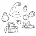 hand drawn Fitness and sport icons set. Healthy lifestyle symbols illustration isolated background doodle Royalty Free Stock Photo