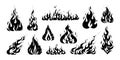 Hand drawn flame. Vintage sketch of devils fire engraving. Retro silhouette of bonfire. Black and white fireplace icons