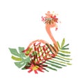 Hand drawn flamingo, tropical flower composition Royalty Free Stock Photo