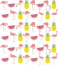 Hand drawn flamingo, watermelon & pineapple repeat pattern