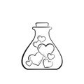 Hand drawn flask with hearts. philtre and love potion symbol. valentine`s day design