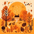 hand drawn flat autumn on an orange background