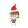 hand drawn flat color illustration of a girl regretting a mistake wearing santa hat