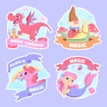 Hand drawn flat cute mythical creatures emblems Royalty Free Stock Photo