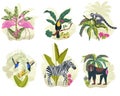 Hand drawn flat exotic flora and fauna mini illustration set Royalty Free Stock Photo