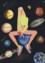 Hand-drawn flat fashion illustration of imaginary long hair blondie girl in fantasy cosmic s galaxy comic style