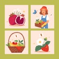 Hand drawn flat fruit harvest square illustration set