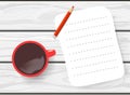 Hand drawn flat lay Mockup of blank lined sheet of paper with red pencil and a cup of coffee on white table Royalty Free Stock Photo