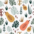 Hand drawn flat seamless pattern with papayas, other fruits and leaves. Summer tropical background. Vector image, clipart Royalty Free Stock Photo