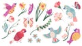 Hand drawn flat spring icon set with flowers and birds