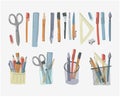 Hand drawn flat stationery organizer and art objects. Writing doodle accessories. Set of school utilities and tools. Pen