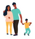 Hand drawn flat style vector illustration. Black african Pregnant woman is walking with her husband, friend, brother or partner
