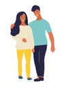 Hand drawn flat style vector illustration. Pregnant woman is walking with her husband, friend, brother or partner. Happy family,