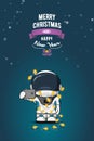 Hand drawn flat vector illustration. Cartoon astronaut in spacesuit with garland of Christmas lights. Greeting card.