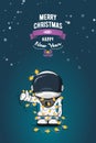 Hand drawn flat vector illustration. Cartoon astronaut in spacesuit with garland of Christmas lights. Greeting card.