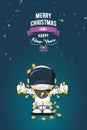 Hand drawn flat vector illustration. Cartoon astronaut in spacesuit with garland of Christmas lights. Greeting card.