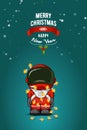 Hand drawn flat vector illustration. Cartoon astronaut in spacesuit with garland of Christmas lights. Greeting card.