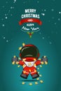 Hand drawn flat vector illustration. Cartoon astronaut in spacesuit with garland of Christmas lights. Greeting card.