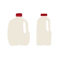 Hand drawn, flat vector illustration of milk in plastic gallon and half-gallon jug with red cap. Isolated on white