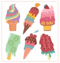 Hand drawn flat vector sweet pastel ice cream melted summer collection